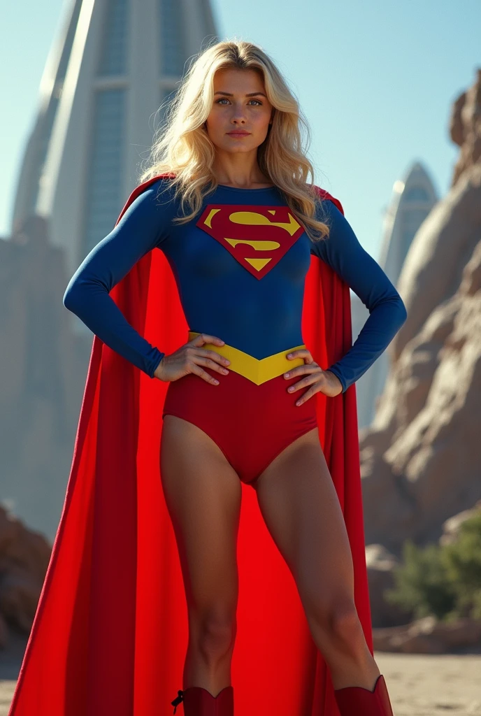 Obra maestra, una mujer hermosa, (NSFW), (((foto de cuerpo completo))), (((Supergirl 1984))). mini vestido blanco, ombligo expuesto, (grandes bestias), (cuerpo perfecto), (cabello largo y rubio), exterior, (textura de la piel: 1.1), mejor calidad, ultra high resolution, raw photography, Nikon D850, backlight, aro de luz, luz solar brillante, film grain: 1,2, (warm tone, warm tone: 1,2), (foto en color), medias, tacones de aguja, athletic build.