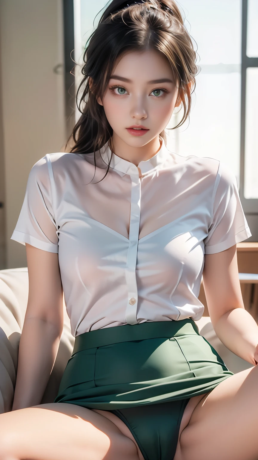 Transparent ultra-thin panties,best quality、16K High Resolution、Very detailed、masterpiece、Live shooting、Practical:1.4、Surrealism:1.4、Clear focus、Very delicate and beautiful、nitty gritty、1 female、(European:1.2)、(Blonde)、(Spread your legs:1.3)、(no panties:1.3)、(National Foundation:1.1)、 (Sitting at the table)、(Super beautiful)、(Pretty Face:1.5)、(Ponytail, stocking)、(Delicate face)、(beautiful eyes)、Perfect round eyes、(Delicate lips)、Lipstick、(Eyeliner)、mascara、Eyeshadow、(Military Green Pencil Skirt,)、White shirt、Green set, tie、In NSFW
