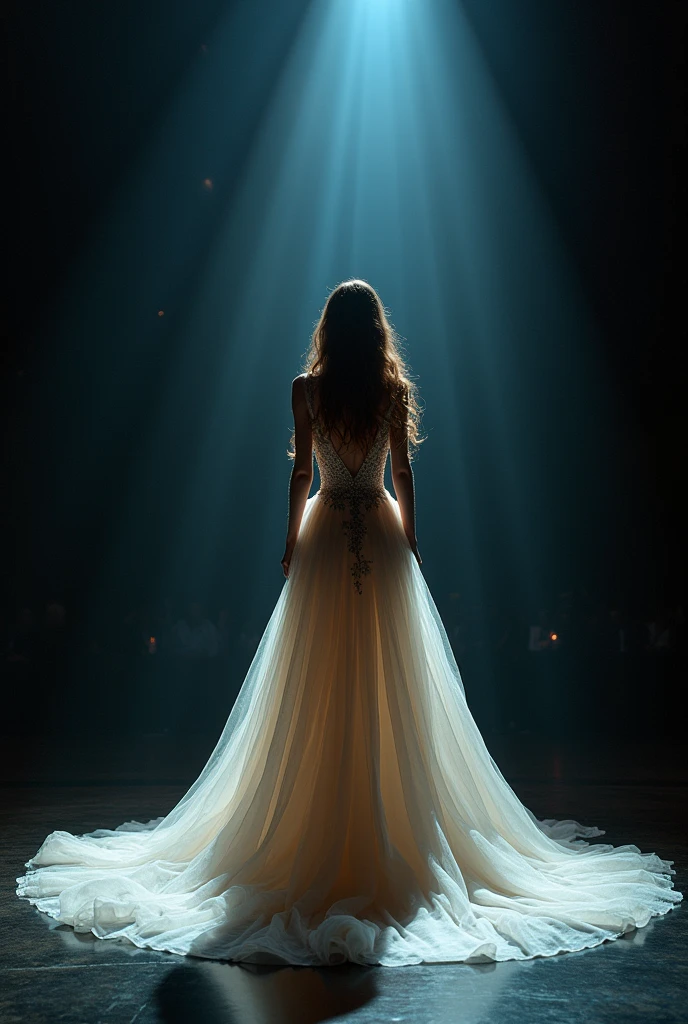 I'm singing in the stage at night wearing beautiful gown, with long hair and beautiful look

In front (full pict)