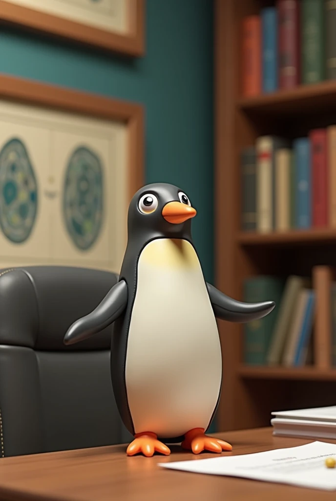 Make a playdough penguin (estilo stop motion), he is in his office presenting the anatomy of a penguin and where the mitochondria are located. Set the office scene with bookshelves and animal cell paintings