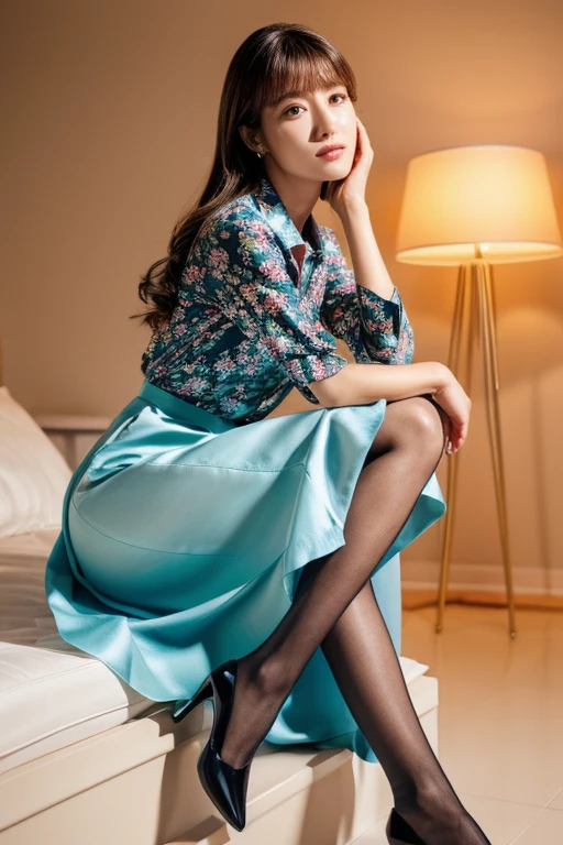 colorful shirt with collar、(long skirt with floral pattern:1.2)、(silk pantyhose)、(She is sitting, showing off her beautiful legs and high heels)、1 girl、(Delicate face、Detailed eyes and face、double eyelid、Glossy lips)、Moisturized skin、Highly detailed face and skin texture、Two well-balanced legs、((Highest quality、Ultra-high resolution、masterpiece、8k))、((Perfect Anatomy、Anatomically correct))、(Full Body Portrait)、Modern architecture at night on the background、Professional Lighting