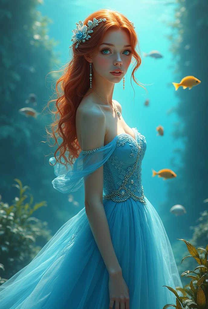 Make a princess with a delicate sea blue dress