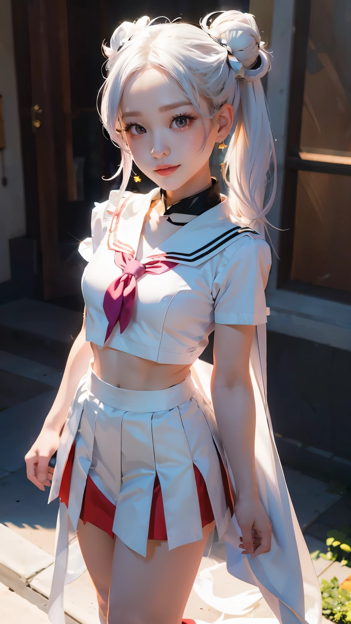 photorealistic, (hyperrealistic:1.2), (extremely detailed CG unity 8k wallpaper), (ultra-detailed), masterpiece, best quality, 1girl, sailor cosmos, standing, fullbody,  solo, long hair, skirt, hair ornament, twintails, jewelry, purple eyes, white hair, pleated skirt, earrings, choker, sailor collar, hair bun, cape, character name, double bun, facial mark, white skirt, brooch, white sailor collar, hairpin, forehead mark, white choker, sailor senshi uniform, holding staff