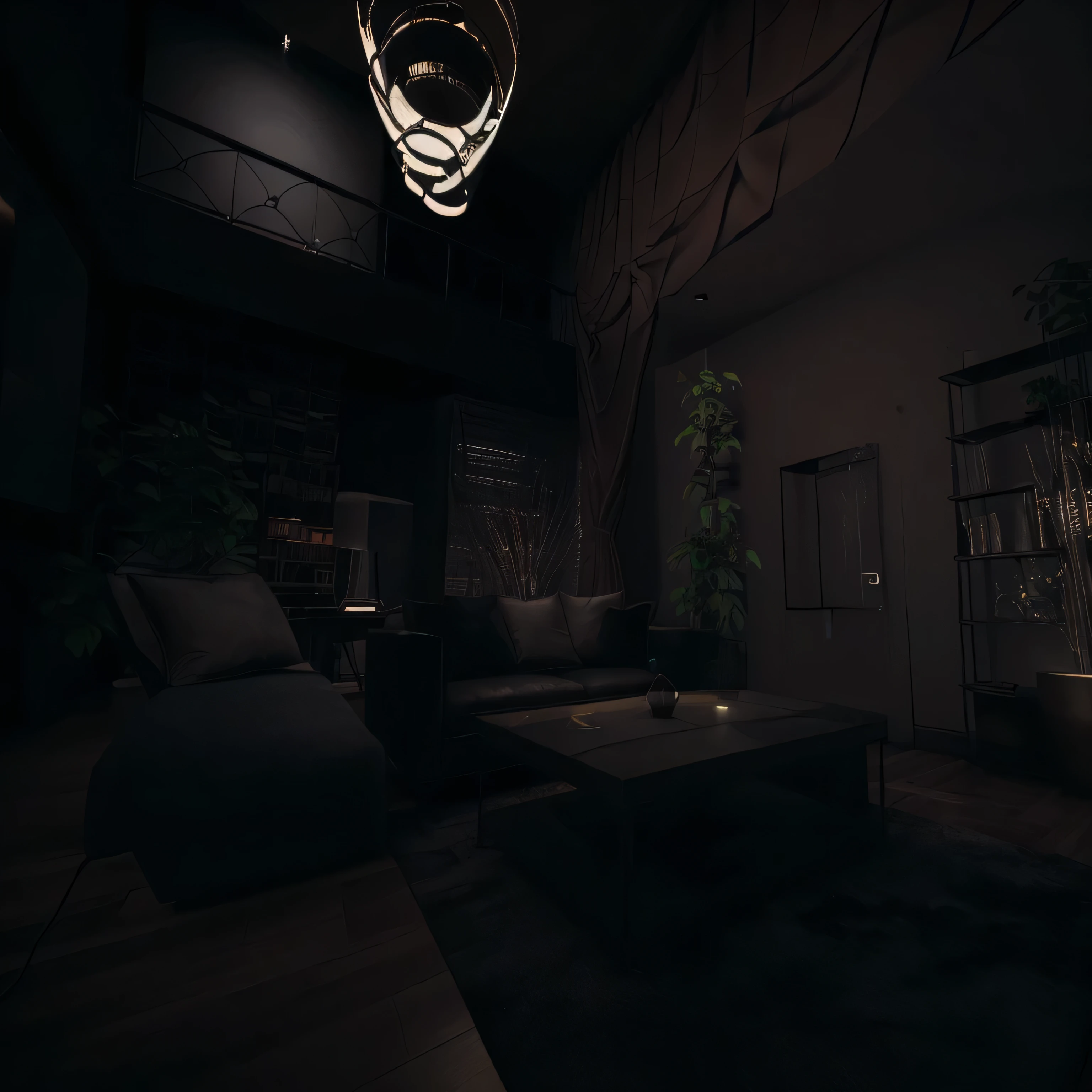 there is a room with a couch, chair, coffee table and a lamp, rendered in unreal 5, random volumetric lighting, mysterious ambient lighting, 8 k. volumetric lighting. dark, detailed ambient lighting, cinematic night lighting, soft ambient lighting, in a dark futuristic room, rendered lighting, ambient lighting highly detailed, detailed lighting and textures