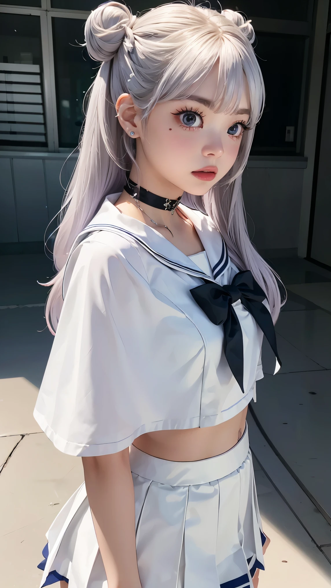 photorealistic, (hyperrealistic:1.2), (extremely detailed CG unity 8k wallpaper), (ultra-detailed), masterpiece, best quality, 1girl, sailor cosmos, standing, fullbody,  solo, long hair, skirt, hair ornament, twintails, jewelry, purple eyes, white hair, pleated skirt, earrings, choker, sailor collar, hair bun, cape, character name, double bun, facial mark, white skirt, brooch, white sailor collar, hairpin, forehead mark, white choker, sailor senshi uniform, holding staff