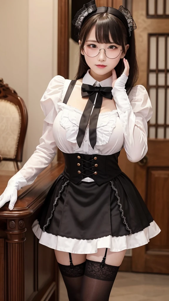 1girl,solo, crotch rope, shibari under clothes, evil smile, button gap, 白いシャツ,  frills, maid, skirt lift, (black legwear), indoors, pussy juice, navel,