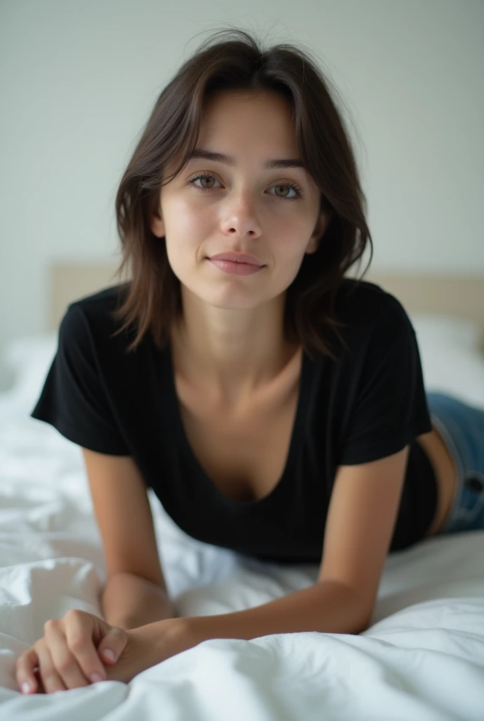 brunette, smile, flat chest, skinny face, white wall, no decoration, jean shorts, black t-shirt, lying on stomach on bed, looking at camera, photo from behind
