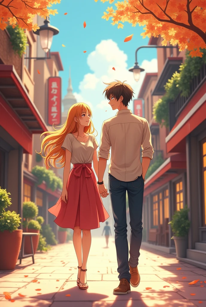 A beautiful anime couple walking in street 