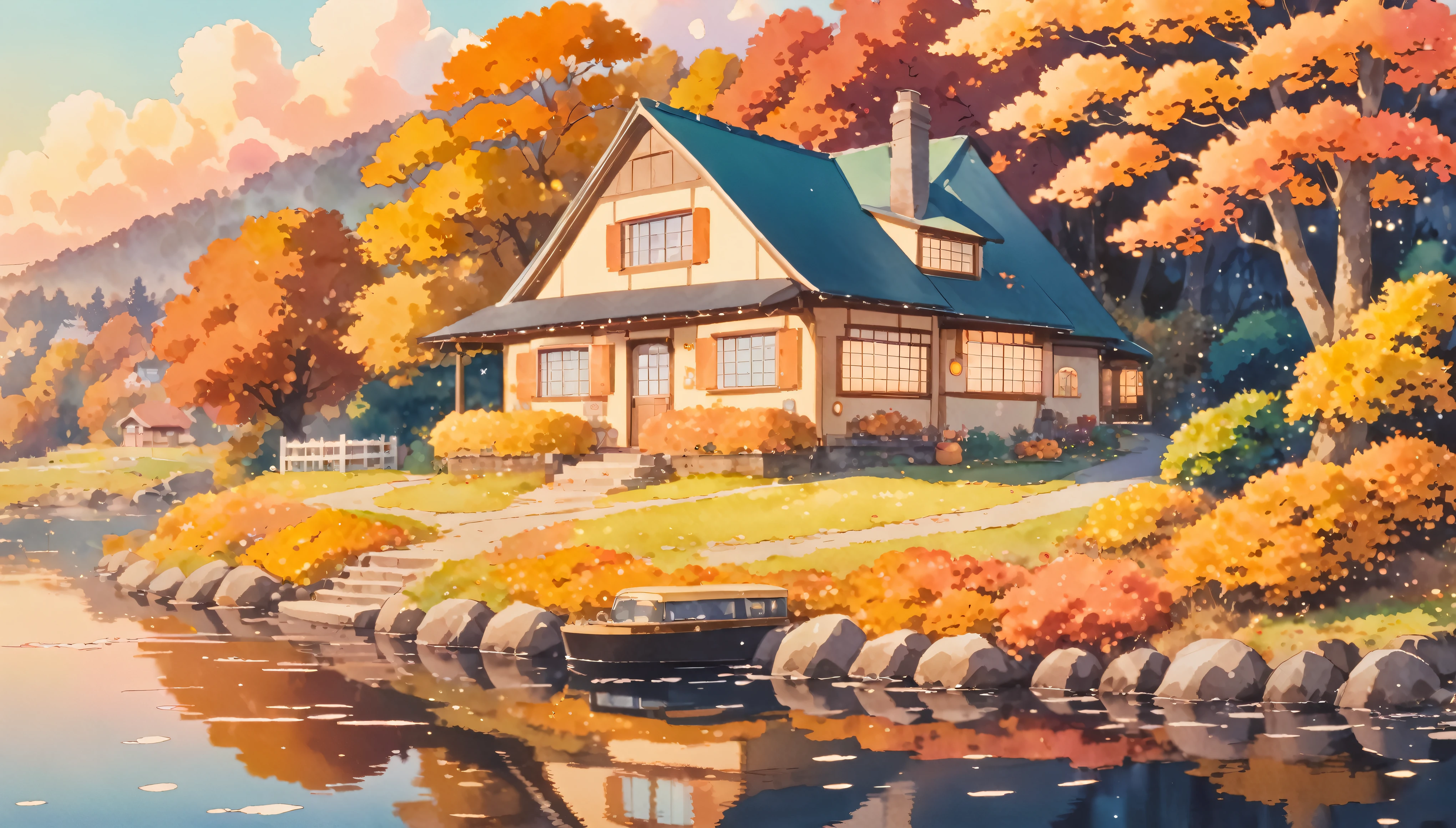 ultrawide Cozy autumn aesthetic fall,Studio ghibli inspired,Watercolor,Kawaii cottage,no people,Lofi,Cute