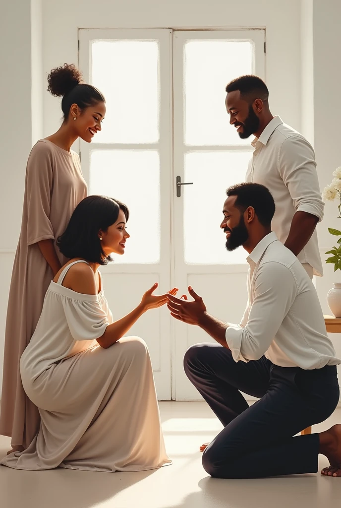 ( realistic paint) A beautiful African woman, fair in complexion with a bob hair on a big white top and a black baggy cargo trouser stretching her finger to a handsome African man with afro haircut, wearing a white shirt and a black trouser kneeling down in front of their parents to recieve prayers in a living room painted white