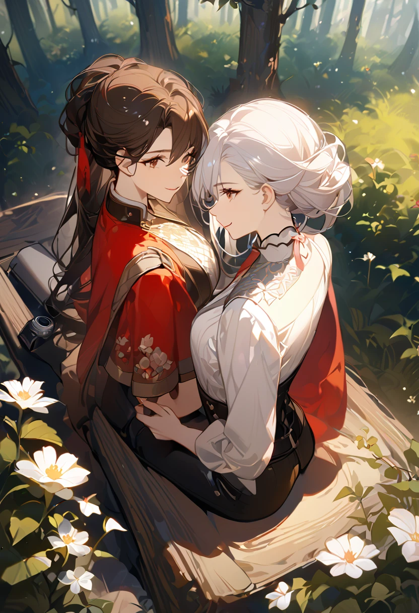 masterpiece, 2 female, back to back, backing each other, backing, dark brown hair, long hair, brown eyes, smiling gently, look away, white shirt, shirt by the shoulder, leather corset, black long pants, sitting, 1 female on the background, white long hair on the background, black clothes with red cape, face slightly facing up, flower field, forest background, camera pov from above slightly to the side, only showing black hair female face, white hair female on the back, 8k ,4k , best quality, high quality, masterpiece, embroidery  clothes, big chest, all kind of hairstyle, inspired by Asukaziye artist : ask, art style : ask