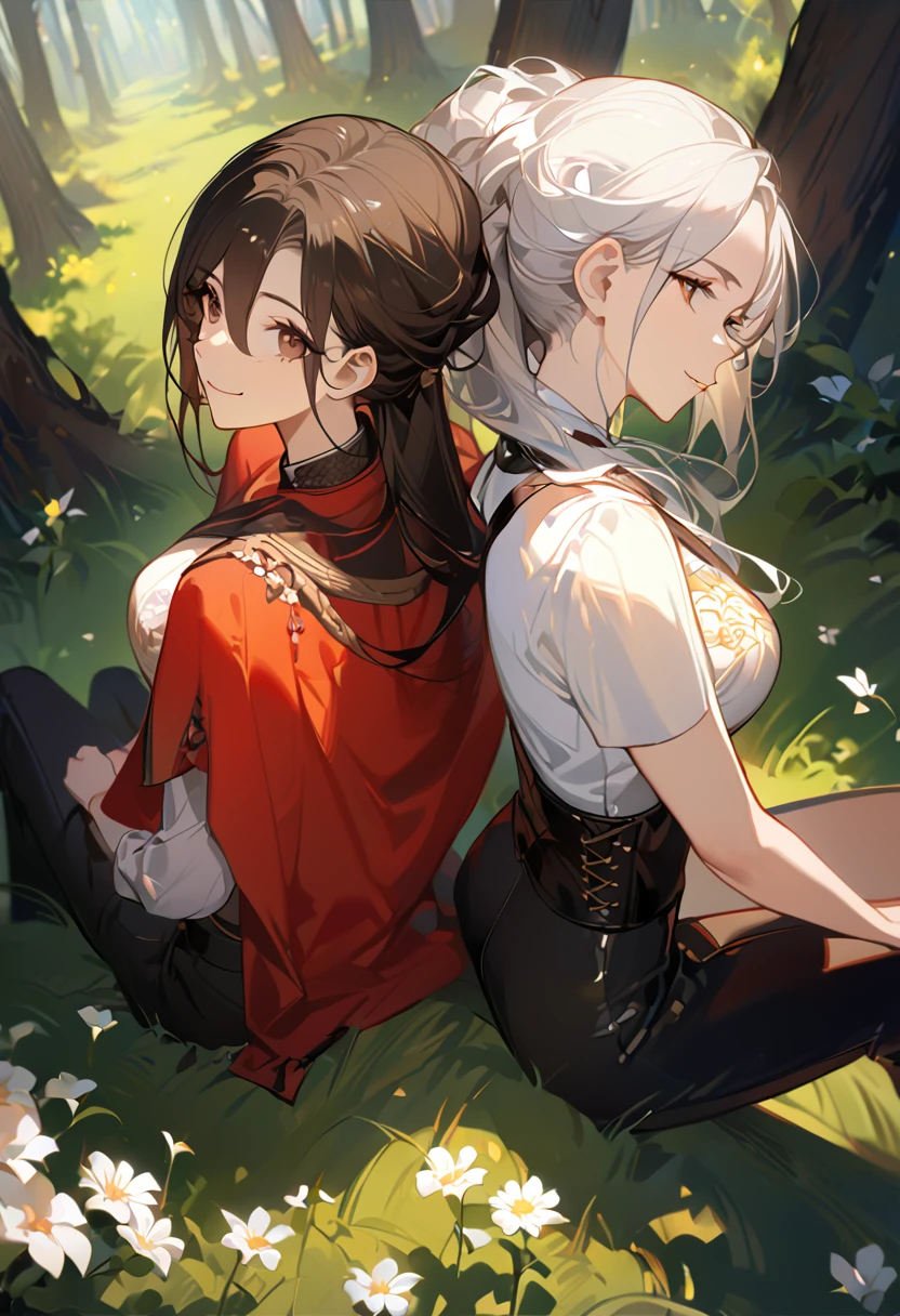 masterpiece, 2 female, back to back, backing each other, backing, dark brown hair, long hair, brown eyes, smiling gently, look away, white shirt, shirt by the shoulder, leather corset, black long pants, sitting, 1 female on the background, white long hair on the background, black clothes with red cape, face slightly facing up, flower field, forest background, camera pov from above slightly to the side, only showing black hair female face, white hair female on the back, 8k ,4k , best quality, high quality, masterpiece, embroidery clothes, big chest, all kind of hairstyle, inspired by Asukaziye artist : ask, art style : ask