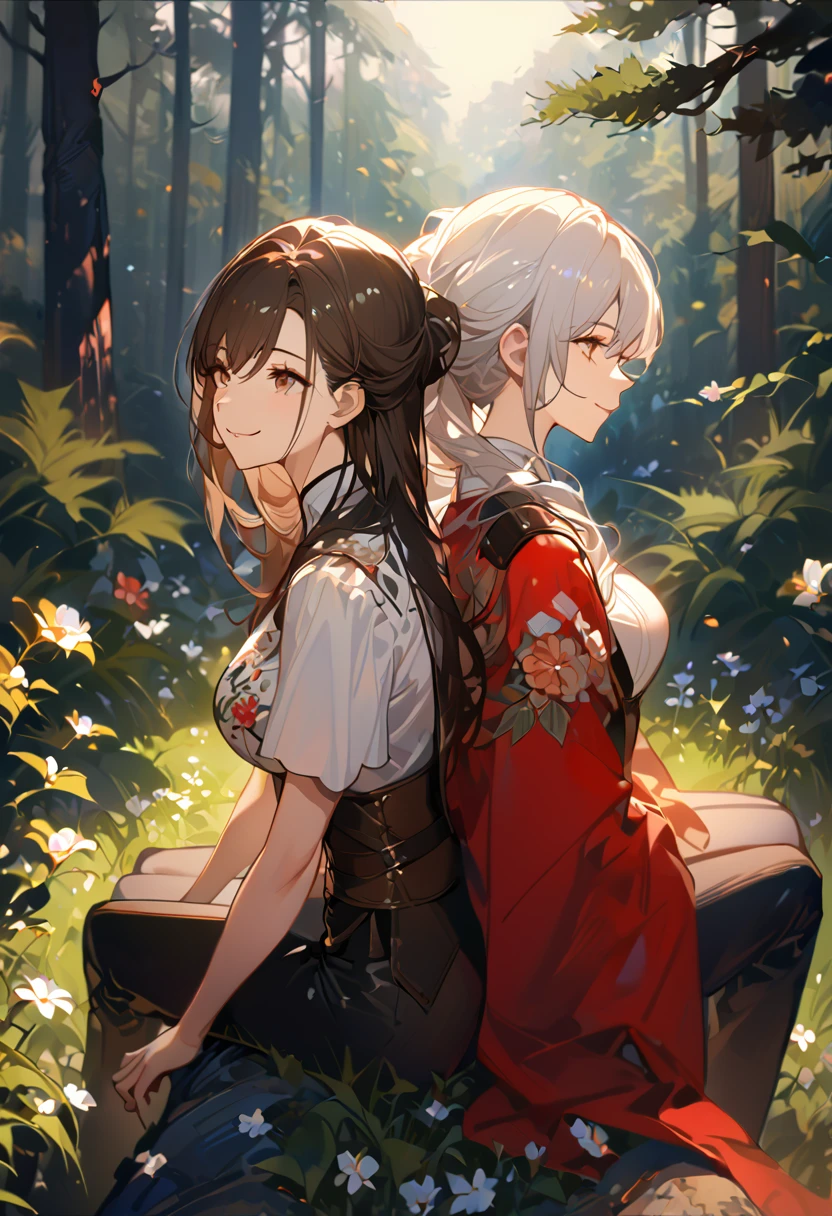 masterpiece, 2 female, back to back, backing each other, backing, dark brown hair, long hair, brown eyes, smiling gently, look away, white shirt, shirt by the shoulder, leather corset, black long pants, sitting, 1 female on the background, white long hair on the background, black clothes with red cape, face slightly facing up, flower field, forest background, camera pov from above slightly to the side, only showing black hair female face, white hair female on the back, 8k ,4k , best quality, high quality, masterpiece, embroidery clothes, big chest, all kind of hairstyle, inspired by Asukaziye artist : ask, art style : ask