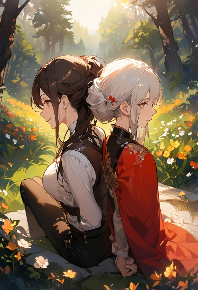 masterpiece, 2 female, back to back, backing each other, backing, dark brown hair, long hair, brown eyes, smiling gently, look away, white shirt, shirt by the shoulder, leather corset, black long pants, sitting, 1 female on the background, white long hair on the background, black clothes with red cape, face slightly facing up, flower field, forest background, camera pov from above slightly to the side, only showing black hair female face, white hair female on the back, 8k ,4k , best quality, high quality, masterpiece, embroidery  clothes, big chest, all kind of hairstyle, inspired by Asukaziye artist : ask, art style : ask