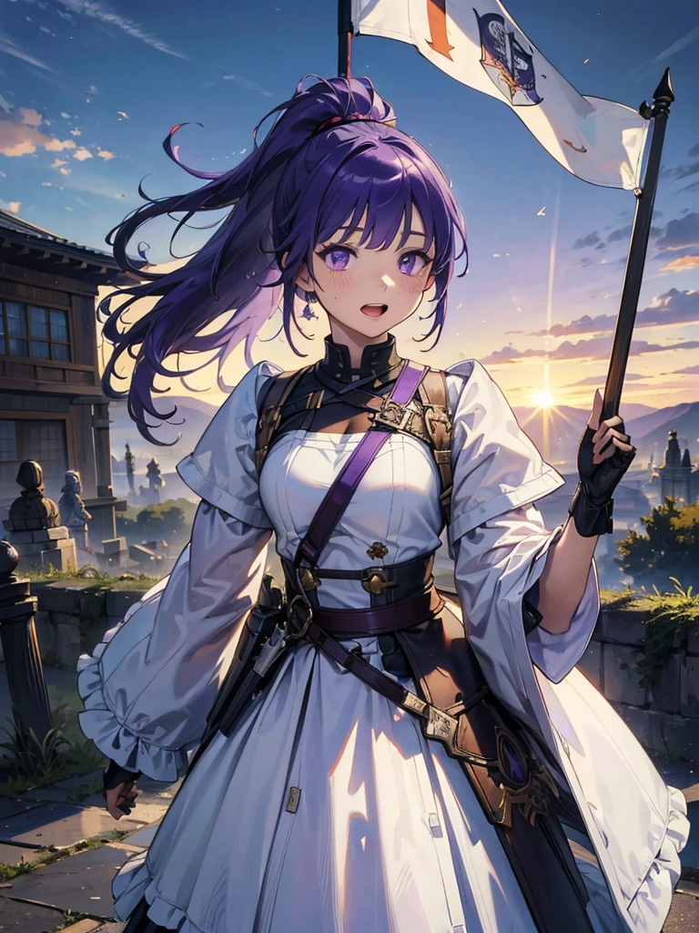 Dressed as a man、masterpiece,Highest quality,One person,Costume 1,,sunrise,dawn,holding flag,Open your mouth,sword,Purple Hair,Purple Eyes,ponytail、armorを着た、White Theme,armor,Portraiture,crowd,Swarm,flag,waving flag