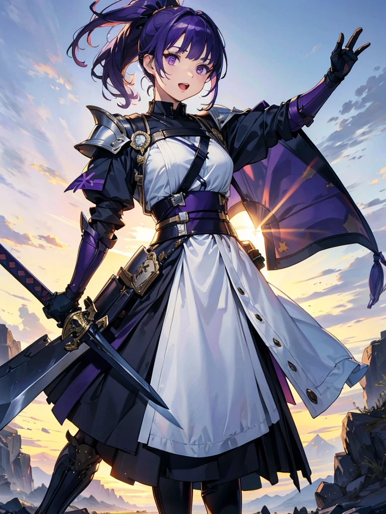 Dressed as a man、masterpiece,Highest quality,One person,Costume 1,,sunrise,dawn,holding flag,Open your mouth,sword,Purple Hair,Purple Eyes,ponytail、armorを着た、White Theme,armor,Portraiture,crowd,Swarm,flag,waving flag