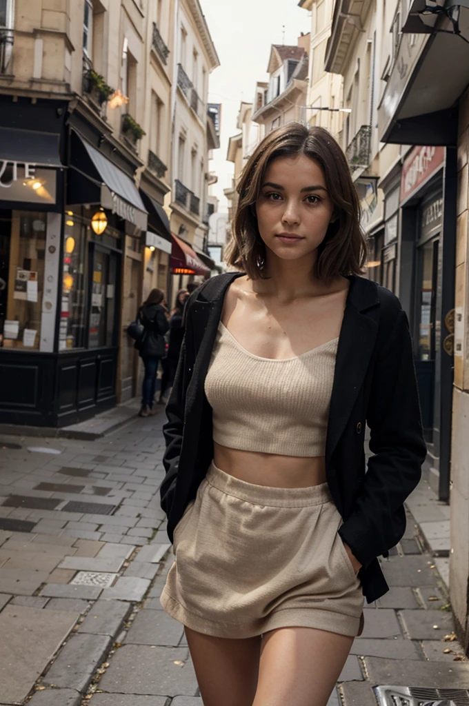 jeune femme brune cheveux court bouclé marchant dans la rue en buvant un café, habillé d'une jupe courte et d'un haut noir. Vu de dos, tenant un cafe dans la main, vue sur la rue avec des bâtiments en pierre rouge comme à Toulouse
