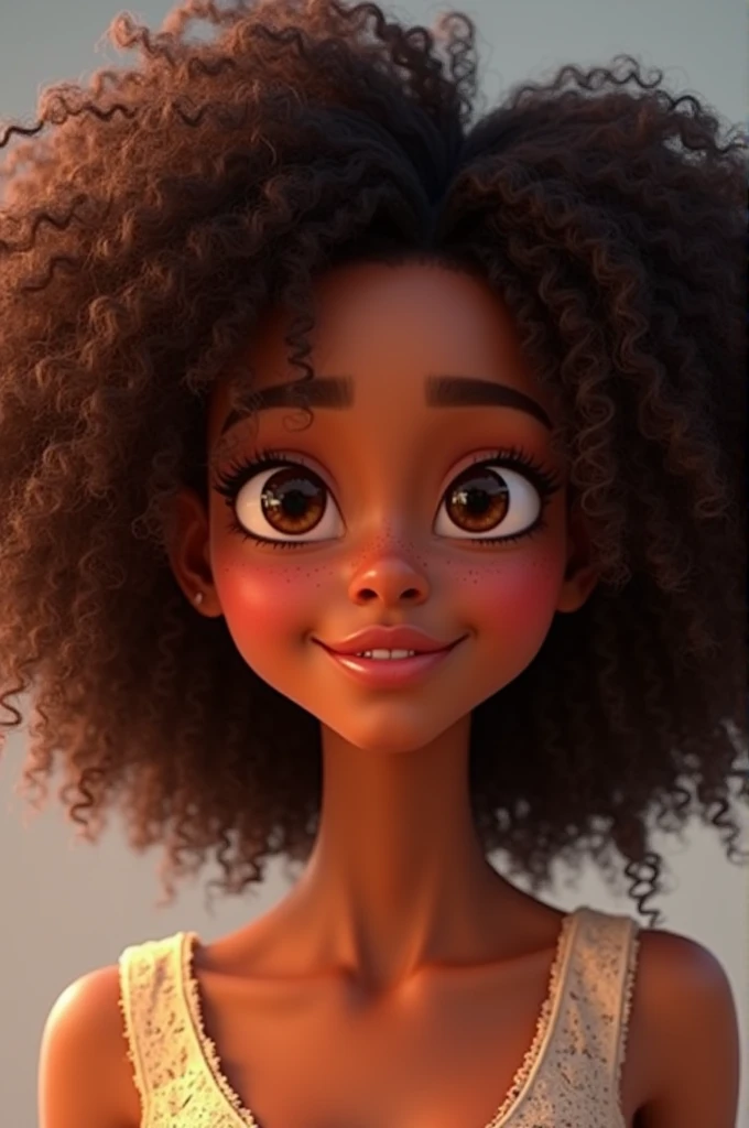  Create a Disney Pixar style girl , This is a black woman with brown eyes and curly brown hair 