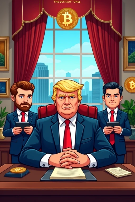 Cartoon-style family portrait of the Trumps in a luxurious office. Donald Trump sits at a desk with a 'Presidential Seal' replaced by a crypto logo. Eric and Donald Jr. stand beside him, holding tablets displaying DeFi charts. The room is decorated with Bitcoin artworks and 'The DeFiant Ones' banner. Through the window, a cityscape transitions from traditional skyscrapers to futuristic blockchain structures. Use a rich, opulent color scheme with gold and digital blue highlights.