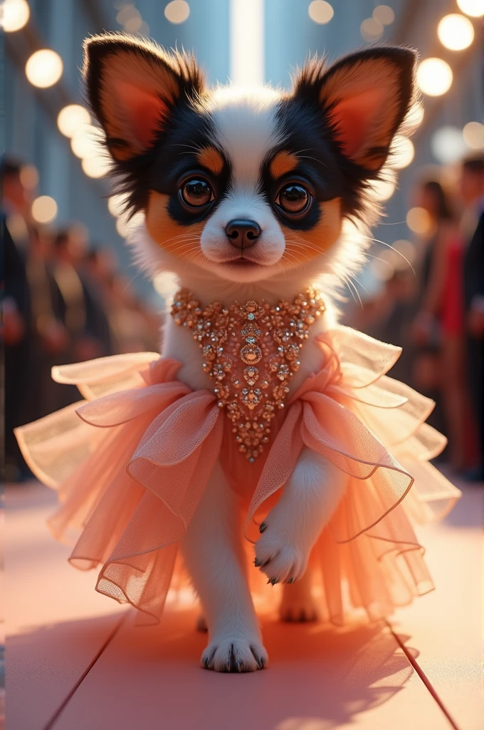 Create a scene where an adorable female Pinto puppy is dressed in a fashionable haute couture gown and walks confidently down the runway, smiling, showing off her ultra-realistic fashion sense. camera panning