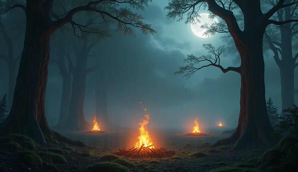 It's raining in the cremation forest at night.