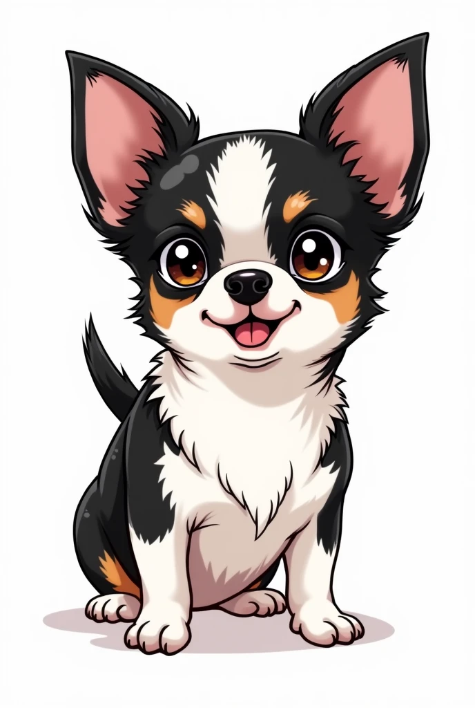 Chihuahua, black and white face, white body, black sides of belly, black butt, fluffy ears, brown eyebrows, sparkling eyes, manga style, LINE stamp style, two short legs, transparent background, surprised face