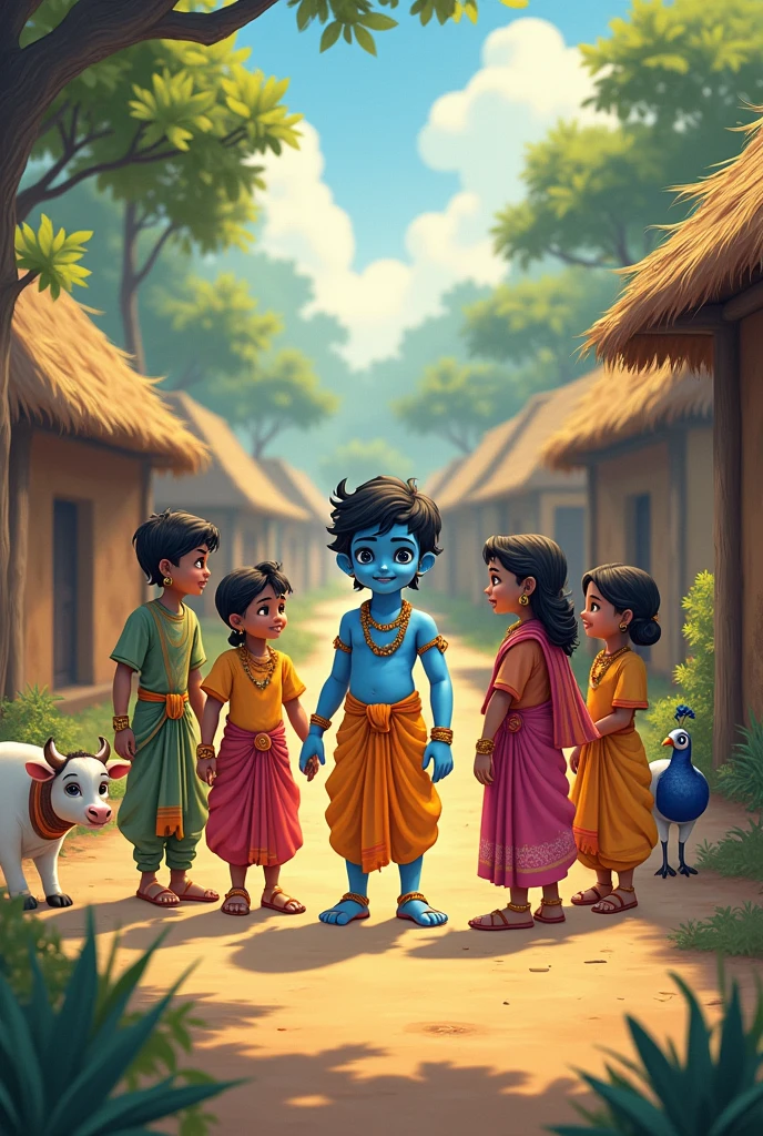little blue krishna is standing in a village with his boys and girls friends. Village name EZHUMATTOOR is mentioned in road sign board. There are some baby cows and peacock birds nearby