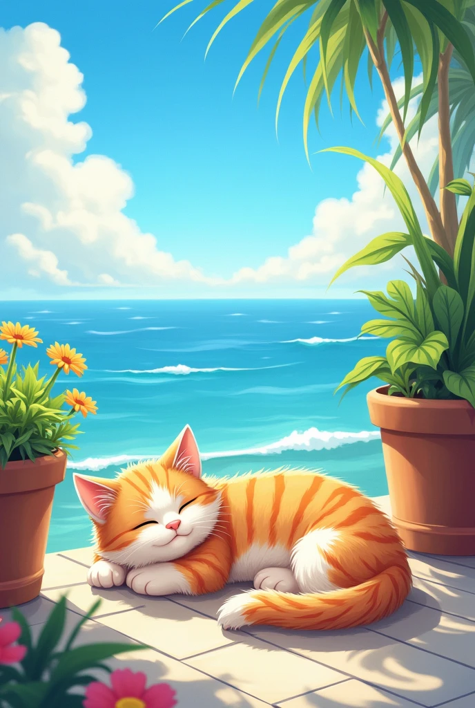 A cute cat relaxing on the terrace. Summer clouds in the background. The sea breeze is blowing in the background. Light pouring down. The sun is in the sky. Summer.