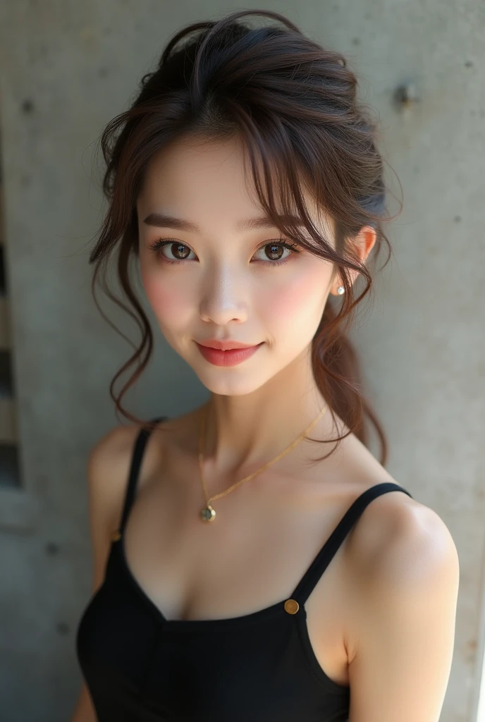 Classy woman、Pretty Japanese woman、Soft hair、Shortcuts、Black Sleeveless、Landscape、I can see your forehead、Background is simple concrete、Light Brown Hair、smile、looking at the camera、Narrow nape、The nape of the neck should fit snugly around the neck.、Diamond-shaped hair、Outline of an inverted triangle