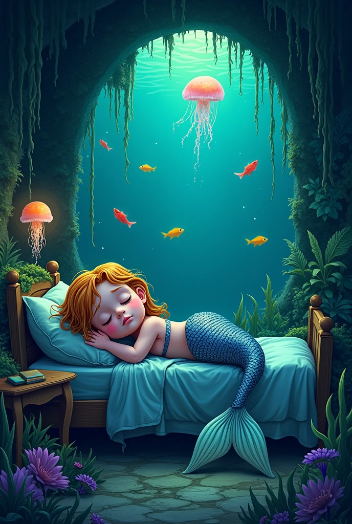 (sleeping mermaid in a submerged bedroom with lots of lush) (abandoned bedroom) (glowing jellyfish) (mysterious and gloomy) (lots of moss) (make the mermaid tail pretty and shiny but still colorless) (add more plants) (add fishes) (90s cartoon animation) (make the mermaid more like a child)