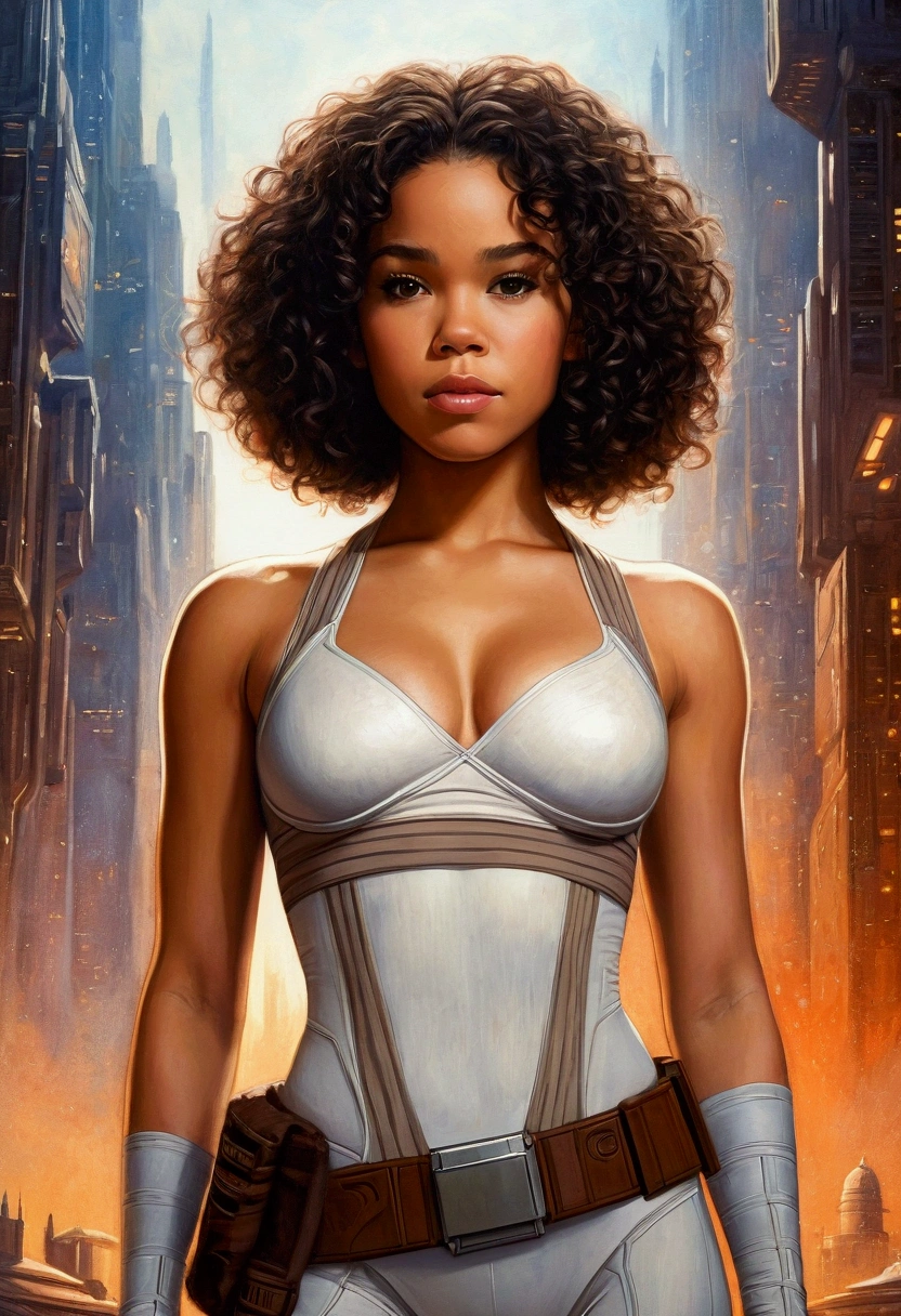 An illustrated movie poster, hand-drawn, full color, a age Jedi, 18-years-old, female, wearing a bralette and leggings, athletic hourglass figure, busty bosoms, full wide hips, massive round butt, long shapely legs, ridiculously thick powerful thighs, hazel eyes, dark hair, kinky curly bob cut, warm brown complexion, resembles Alexandra Shipp, standing above Coruscant, graphite shading, stencil marks, airbrushed acrylic paint, masterpiece, in the style of Drew Struzan