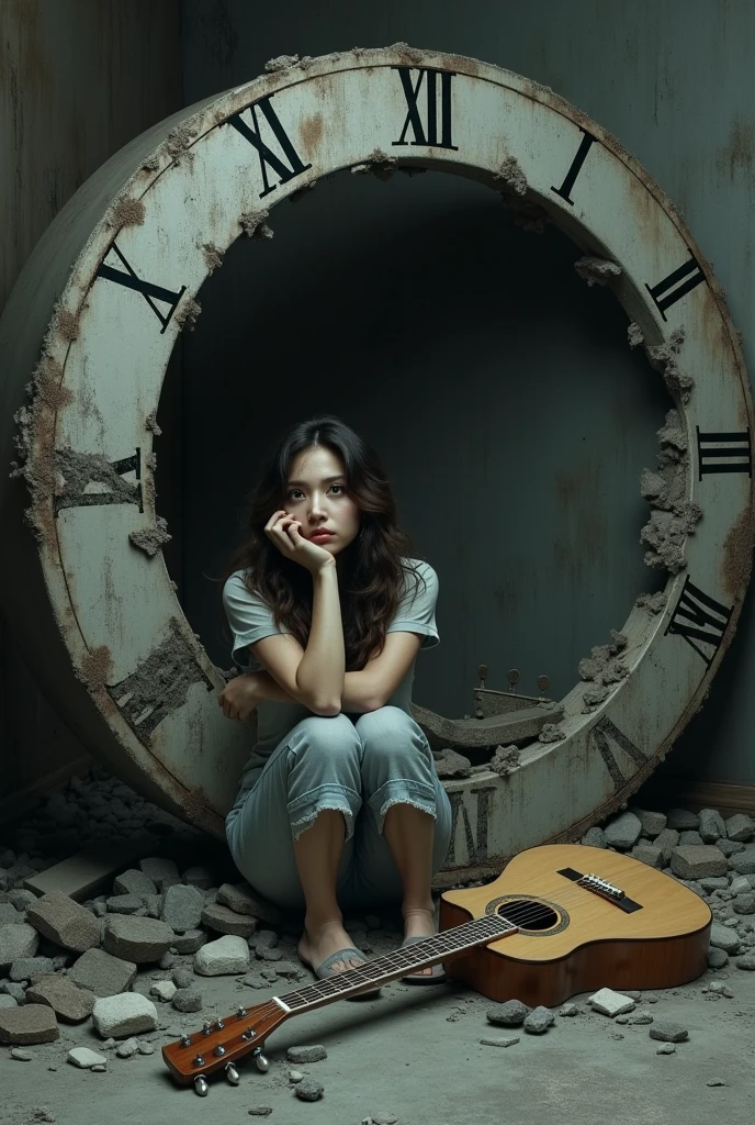sad woman with a big broken clock and a guitar in the background