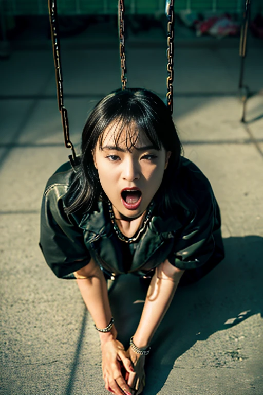unparalleled beauty,Beautiful woman,scary expression,(prison),(prison),(in a cage),(slave),get down on all fours,crawl on hands and knees,kneeling position,Posture with butt sticking out,dog pose,((stick out tongue)),((drooling)),Kamimei,From above,((collar with chain)),(Chained:1.5), With cuffs,fetters,surrealism, f/1.2, fujifilm, 35mm, 8K, Super detailed, nffsw, table top, rough skin, high quality, 最high quality, hard disk