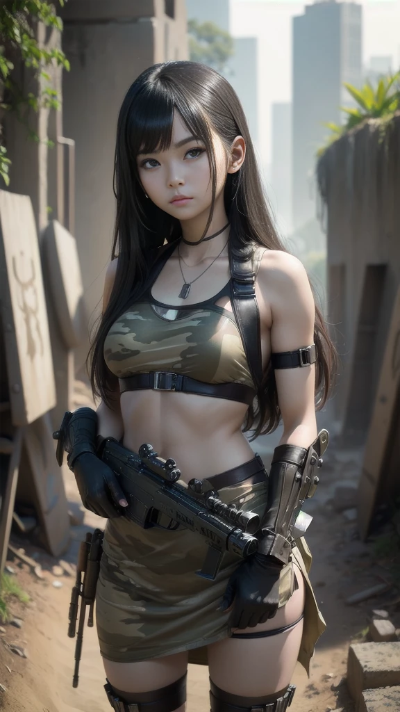 back, Hip accent pose, Unreal Engine:1.4,초realistic K CG, Photorealista:1.4, skin texture:1.4, Top 1 girls in bikinis ,Japanese, , gatling gun, Shell casing, looking at viewer, forehead, ammunition belt, Gloves,sagging breasts,open fire,In the photo, A beautiful girl in a bikini with long black hair appears.,delicate face,Wearing a metal bikini,standing on the ruins,Actions of a woman holding a heavy sniper rifle,Clay beige dress, Army Chains,war jet dslr background, F/2.8, 5D, 16K, super resolution . realistic style, Key visual, vibrant,, General display, realistic, Camouflage Costume, soldier, Striped camouflage makeup on face at 45 degree angle, Turf Broad,