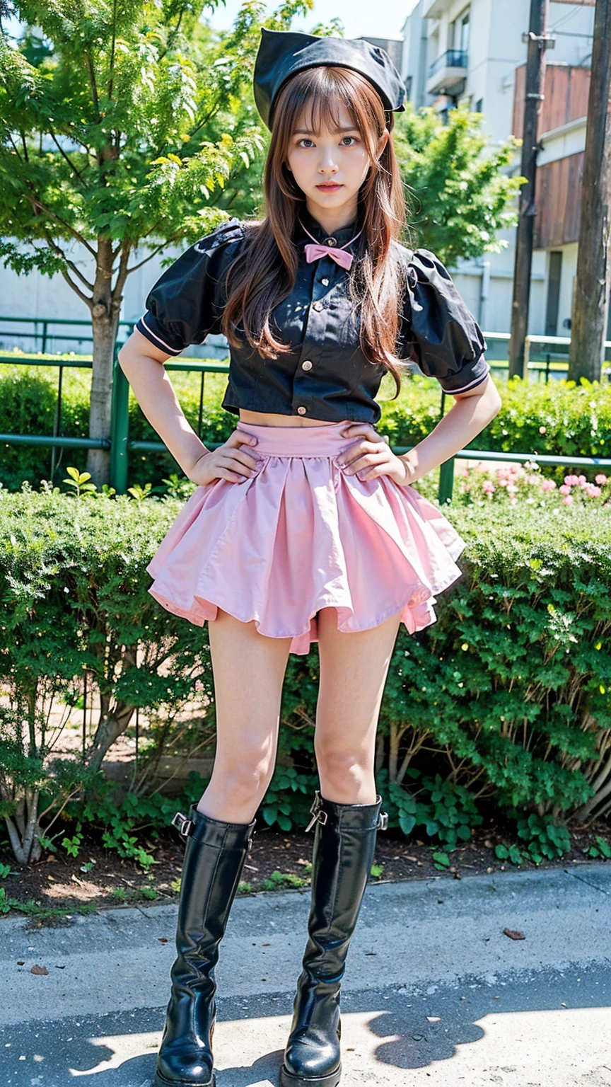 (8k、RAW Photos、Highest quality、masterpiece:1.2)、(Realistic、Realistic)、1 person、((Black and Pink、garden、Frills、mini skirt、Thin legs、whole body、boots、View from the front、Looking into the camera、Stand with hands on hips))、cute