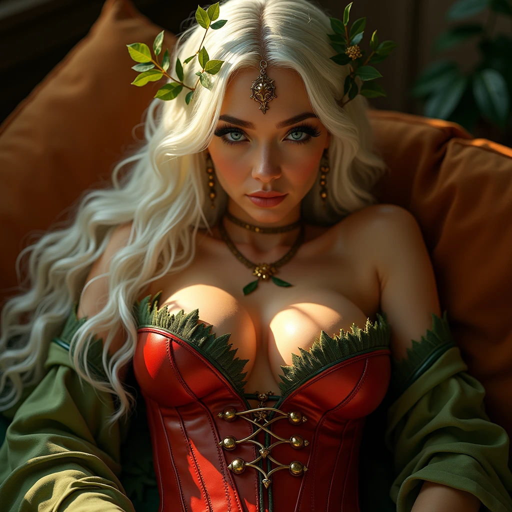 fantasy druid majestic nature druid, with piercing, platin white blond hair, and blue shimmering eyes, with leaves as her makeup and a golden light shining on her, 8k high definition, cinematic, vivid, wearing a red latex corset, lie in a bed, erotic, big breast