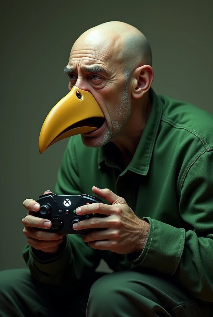 Middle-aged man with a mouth like a thrush and an Xbox fan, the mouth has to be a thrush's beak, man has to be bald, wearing green, crying with an xbox controller in hand, with a sad face, beak of a sapling instead of a mouth