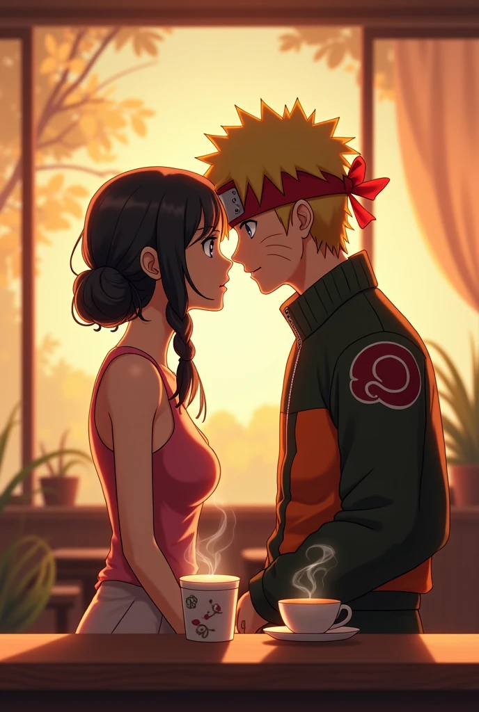 Naruto and his beautiful japanese girl friend sleeveless with braided hair, cafe, sweet moment, anime