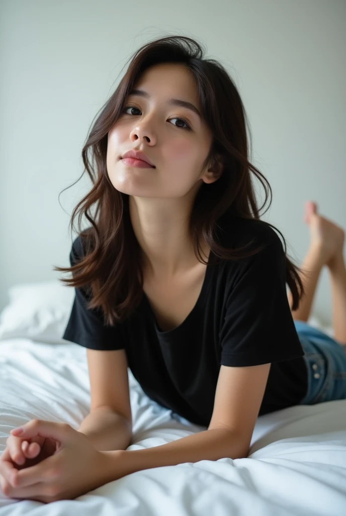 brunette, smile, flat chest, skinny face, white wall, no decoration, jean shorts, black t-shirt, lying on stomach on bed, looking at camera, photo from behind