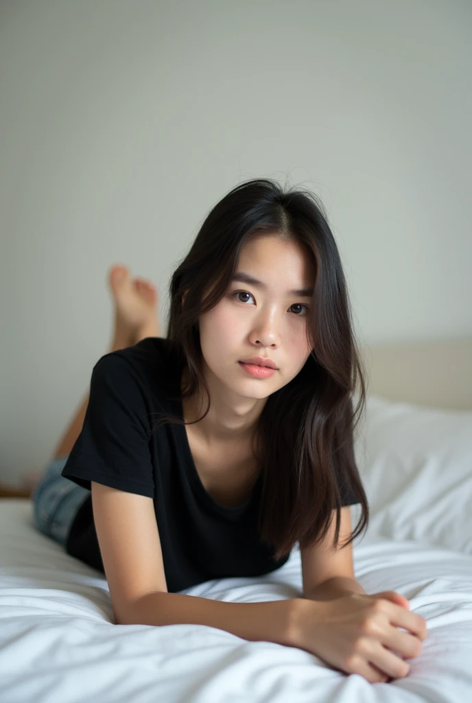 brunette, smile, flat chest, skinny face, white wall, no decoration, jean shorts, black t-shirt, lying on stomach on bed, looking at camera, photo from behind
