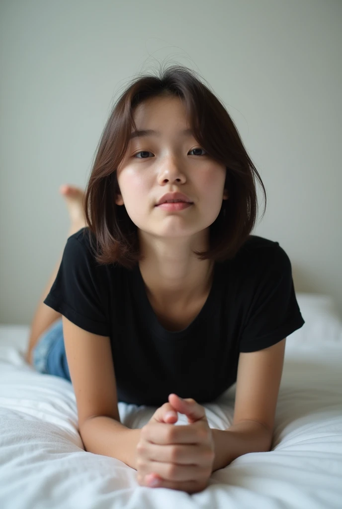 brunette, smile, flat chest, skinny face, white wall, no decoration, jean shorts, black t-shirt, lying on stomach on bed, looking at camera, photo from behind