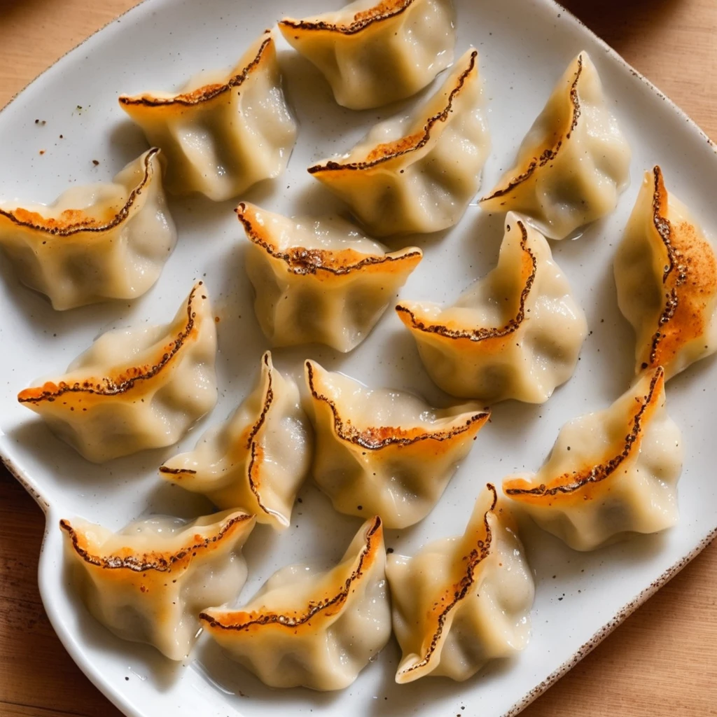 ((One side is brown and discoloured)).((Baked dumplings)),((crescent shaped gyoza:1.********u can see the minced meat through the dough...))、These dumplings are made from wheat flour dough rolled out thinly and shaped into semicircular shapes...、Put a lot of dumplings on a small plate、The plate is square in shape.、