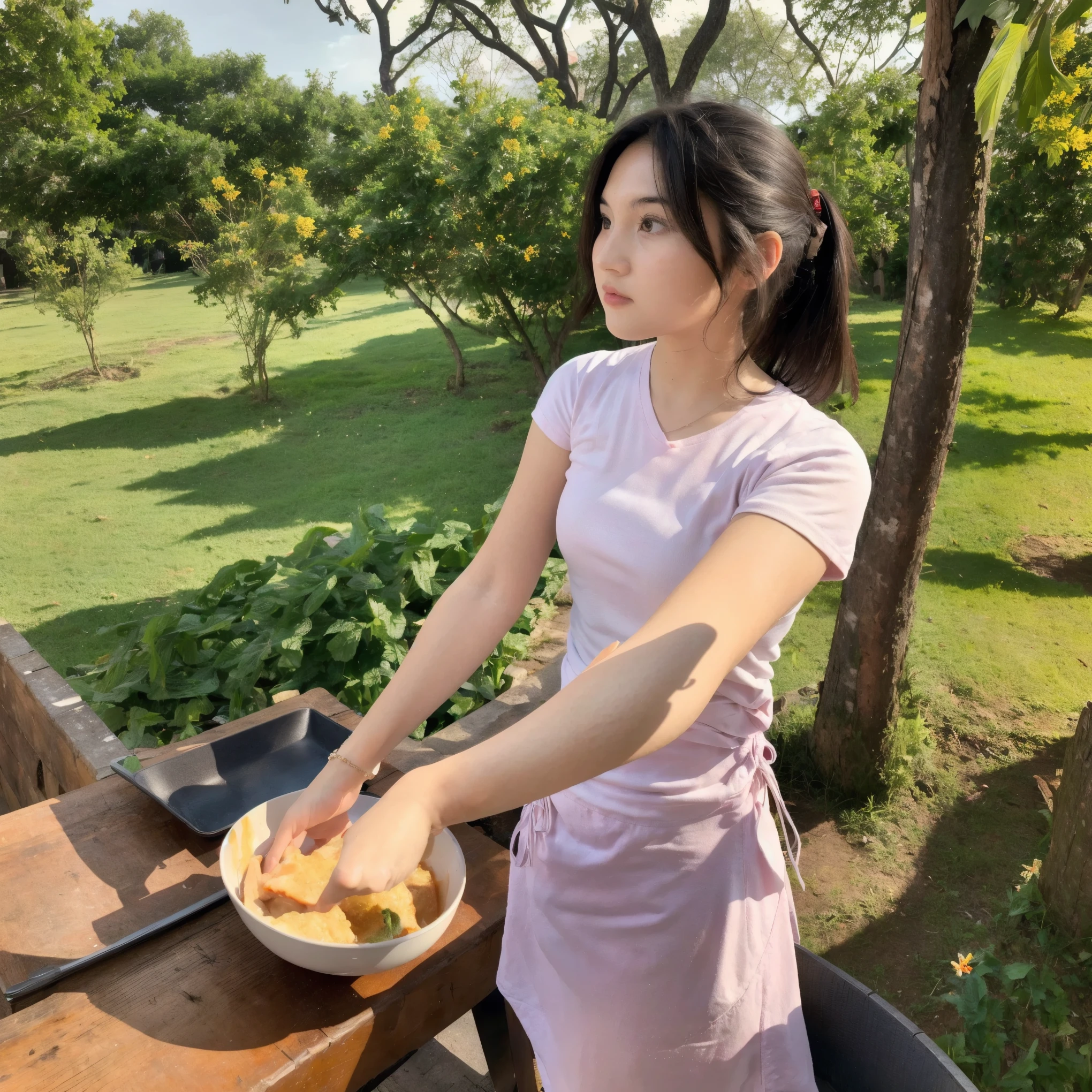 (masterpiece, best quality:1.2, 8k RAW photo, 1girl, solo), cooking outdoor, sunny morning, looking at camera,
