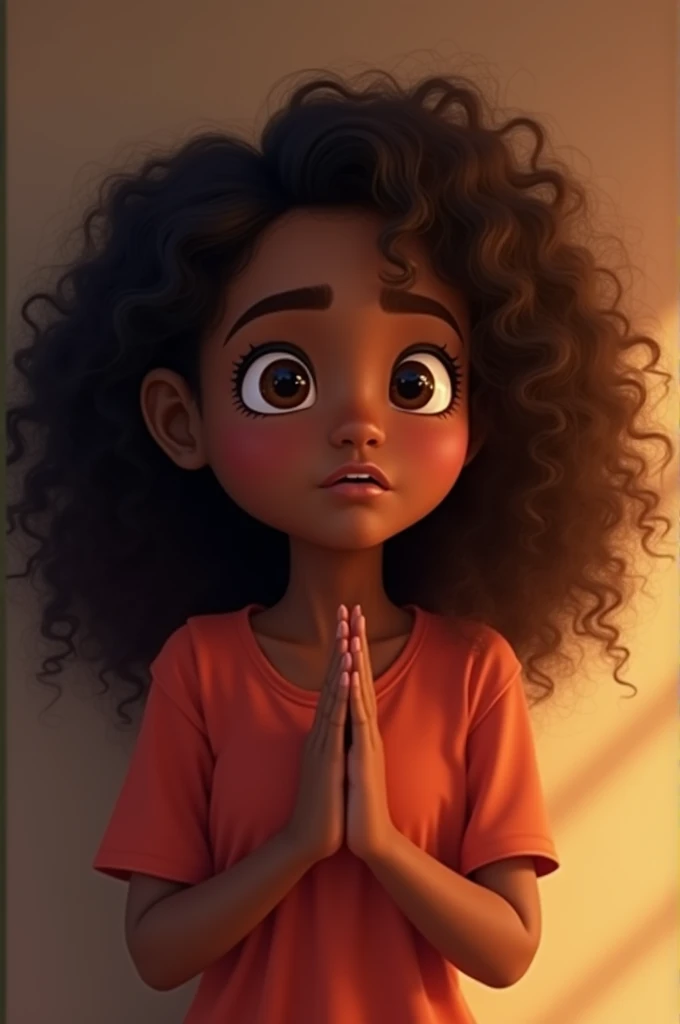 Create a Disney Pixar style girl , This is a black woman with brown eyes and long brown curly hair. , she is praying to jesus
