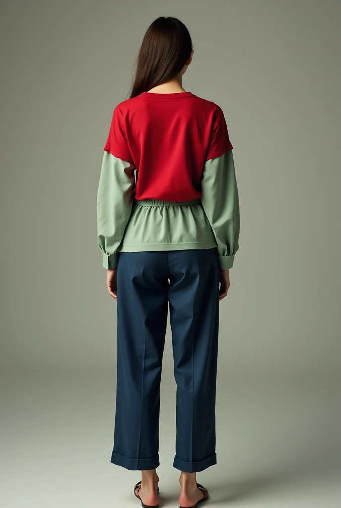 Girl who is wearing dark blue trousers has her back facing the camera and her feet are visible red full sleeves t shirt with light green full sleeves shirt tucked in the trousers 