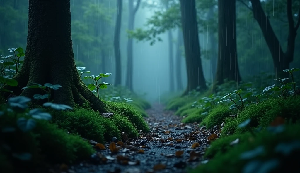 It's raining in the forest at night.
