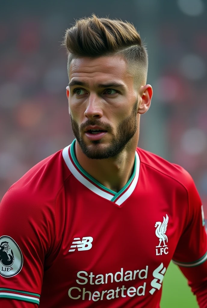 Un homme footballeur avec un dégradé et une barbe avec le maillot e Liverpool