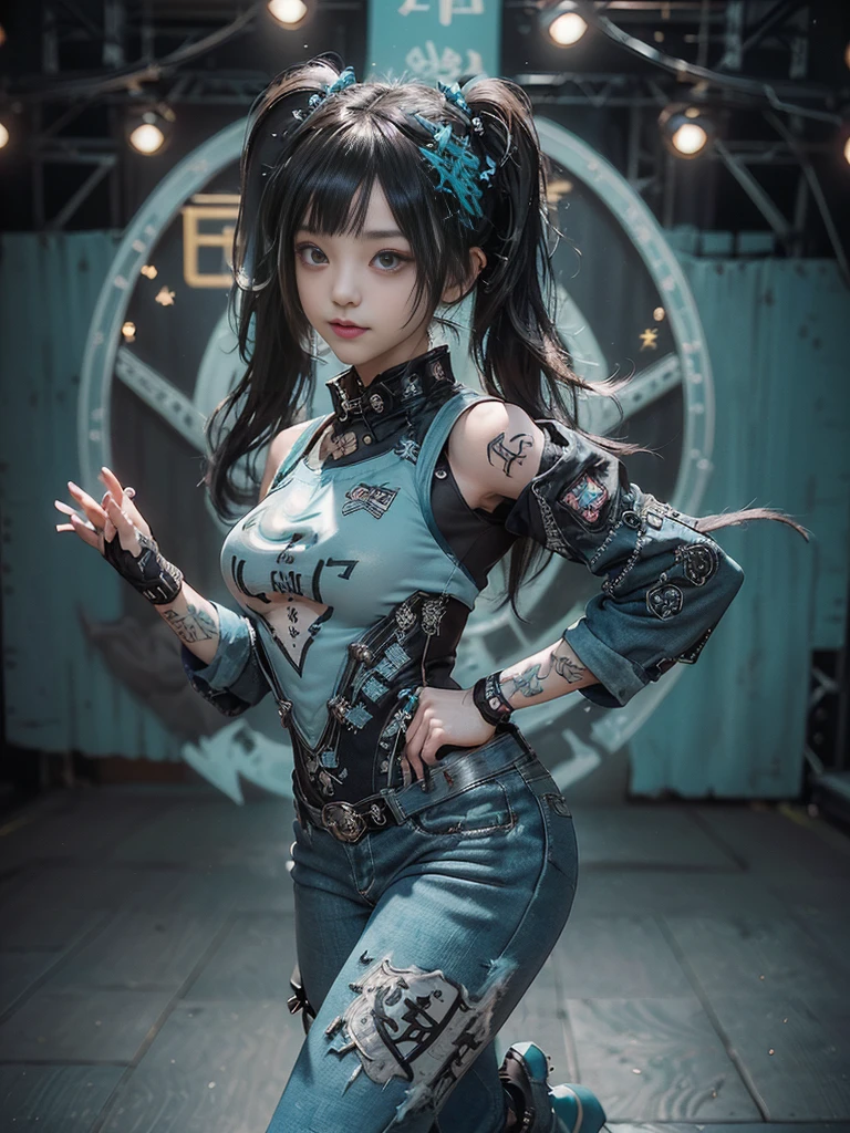 (Full Body View:1.2)、(Side view:1.3)、(Smiling with teeth showing:1.3),(Shibuya Gal:1.5)、(Maid cafe fashion:1.5)、(Punk RockVisual Kei:1.5)、(Wearing a rhythmic gymnastics bodysuit with intricate details:1.4)、(Racing suit and pants with intricate turquoise, denim and charcoal decorations:1.5)、(Denim and light blue and turquoise boots:1.3)、((belt))、(Numerous delicate logo marks all over the costume:1.4)、(collar:1.3)、(Polka dot underwear:1.5)、20-year-old、NSFW、((Highest quality、In 8K、masterpiece:1.3))、Sharp focus:1.2、(Layered Cut、Huge boobs:1.1),Beautiful woman with perfect figure:1.4、(Doing cute gravure poses:1.3)、Slender Abs:1.2、Highly detailed face and skin texture、Detailed eyes、double eyelid,(Twin tails:1.3)、(Black brown hair:1.3)、Gravure idol、(The background is the stage of the fashion show:1.3)、(Slim Body:1.3),(Make your legs thinner:1.4),（clavicle:1.1）