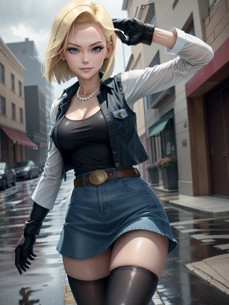 best quality, highres, and18, 1girl, android 18, solo, blonde hair, blue eyes, belt, demin skirt, pearl_necklace, bracelet, black gloves, black shirt, short hair, long sleeves, earrings, blue skirt, open vest, denim vest, medium breasts, cowboy shot, street, straight-on, (weather: raining), wet clothes, sexy smile, barren battlefield, combat mode, full length pantyhose,