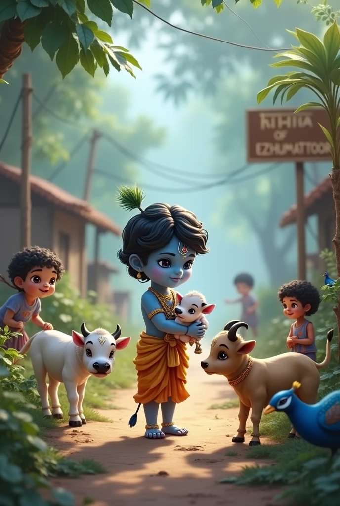 little blue krishna is holding a cow baby with his hand and standing in a village with his boys and girls friends. Village name EZHUMATTOOR is mentioned in road sign board. There are some baby cows and peacock birds nearby